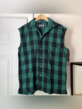 FTP green black plaid checked raw fray hem button up sleeveless shirt‎ tank top